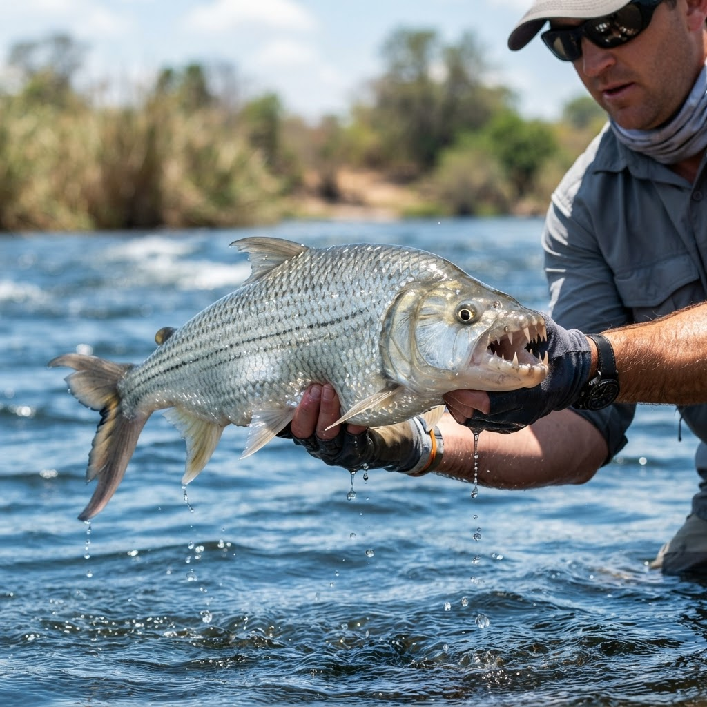 Close-up of a large silver tigerfish held above blue water